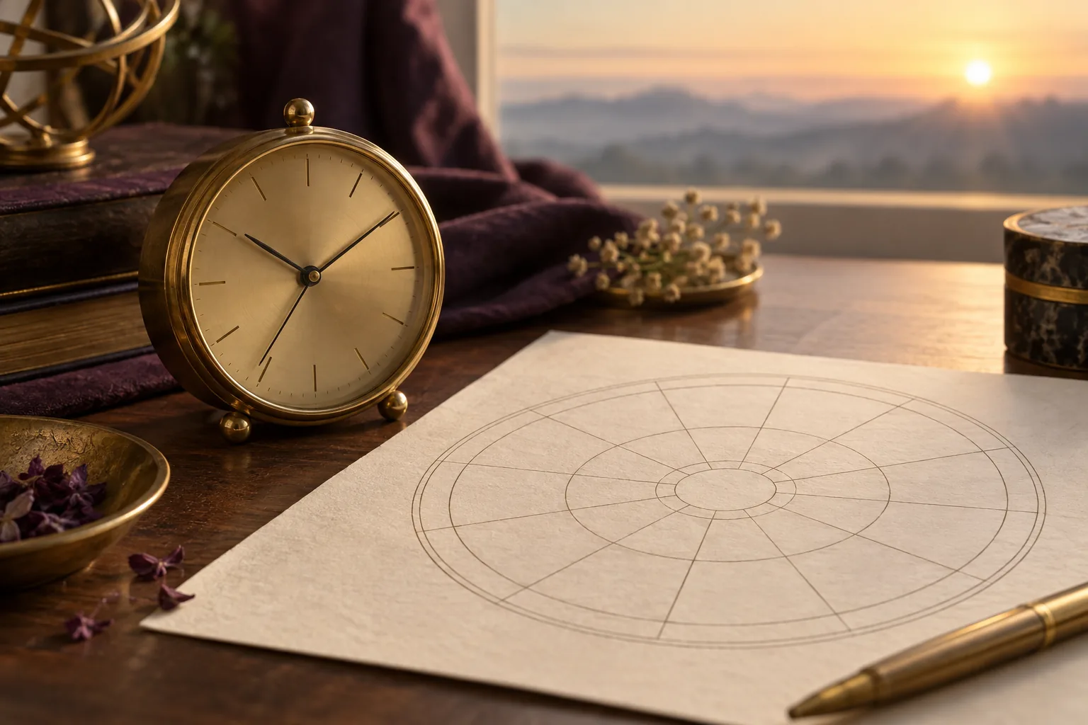 Decorative brass clock beside an unlabelled birth-chart wheel at dawn