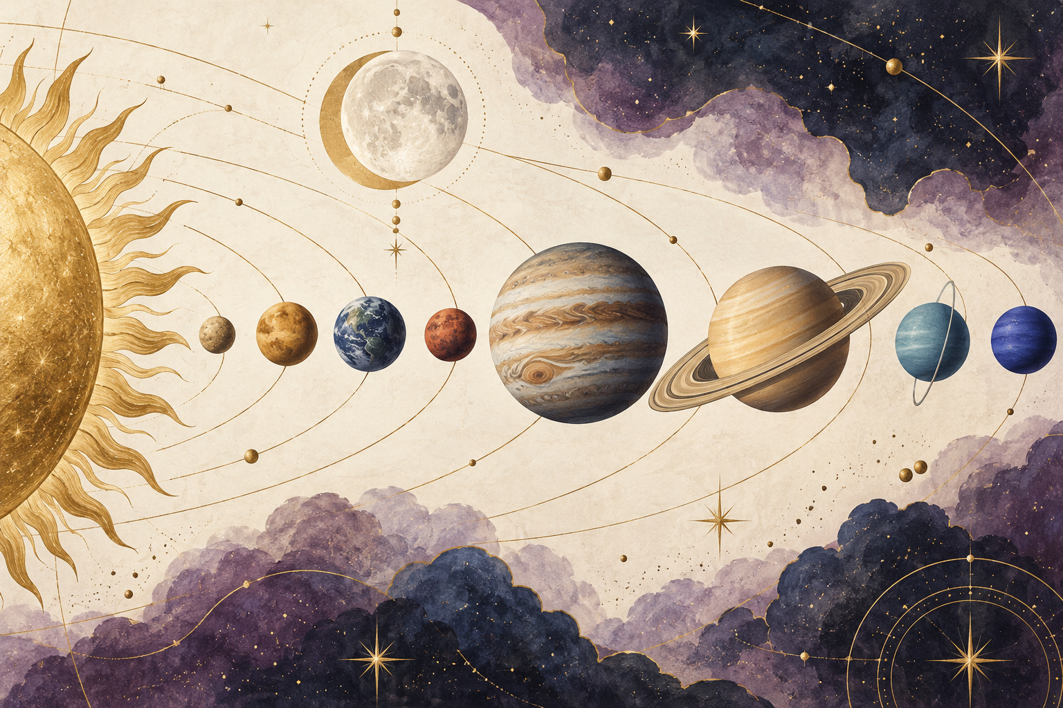 Decorative illustration of the Sun, Moon, and planets used to introduce Jupiter symbolism.